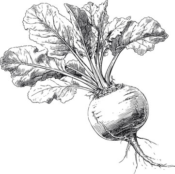 Detailed ink drawing of a beet with leaves, botanical illustration style. Vector illustration