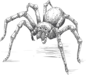 Detailed black and white sketch of a spider with long legs and hairy texture. Vector illustration