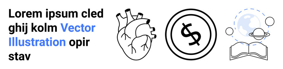 Heart symbolizing health, dollar coin for money, globe linked to connectivity, open book for learning. Ideal for health, wealth, education, globalization, knowledge connection and abstract line