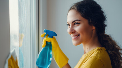 Happy cleaning lady wearing yellow rubber gloves, holding spray bottle and cloth, washing windows at home