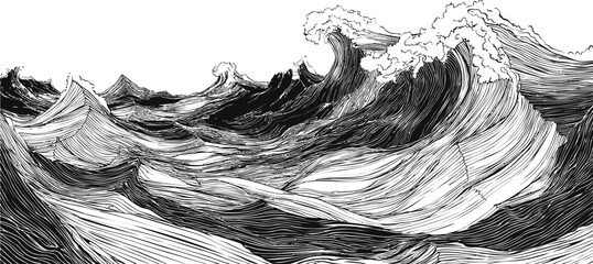 Ink drawing of turbulent waves with dynamic lines, abstract ocean illustration. Vector illustration