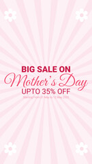 Naklejka premium Mother's Day big sale banner with up to 35% off, elegant pink background with floral accents and radiant light burst design, Social Media Post Design for Marketing