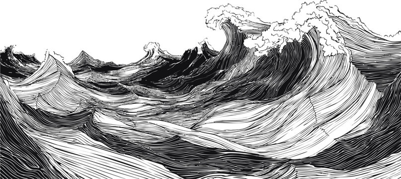 Ink drawing of turbulent waves with dynamic lines, abstract ocean illustration. Vector illustration