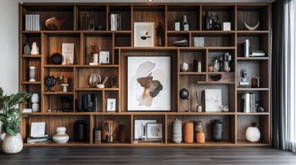 A symmetrical shelving system with contrasting wood tones neatly arranged with chic decor and curated art pieces