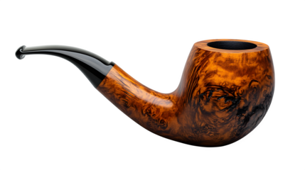Traditional wooden tobacco pipe with curved stem, isolated on white background