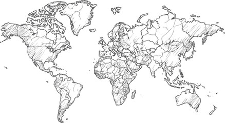 Hand-drawn sketch of a world map showing continents and countries. Vector illustration