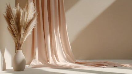Soft Sunlight and Shadows on Flowing Fabric with Decorative Vase