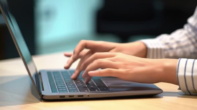 Hands are typing quickly on a laptop keyboard in a modern office setting. The focus is on enhancing workflow and productivity during work hours, emphasizing effective typing habits.