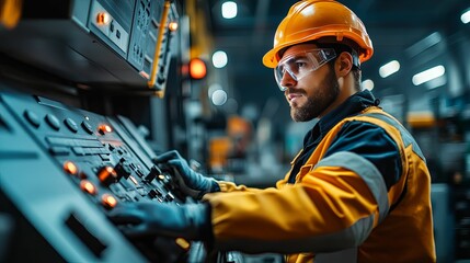 Focused industrial worker operating complex machinery in a modern factory.
