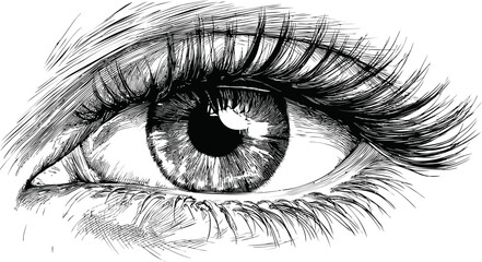 Obraz premium Detailed black and white sketch of a human eye with long eyelashes, realistic drawing. Vector illustration