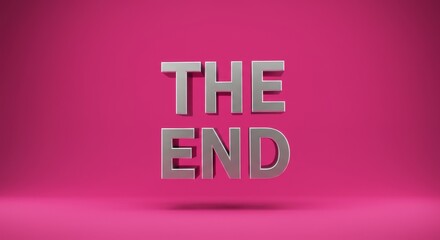 The End 3D Letters Pink Background - Finality, conclusion, completion, ending, closure. Metallic letters on a vibrant pink backdrop symbolize the end of a journey or project