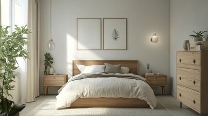 A tranquil minimalist Scandinavian bedroom setup showcasing natural wood furniture