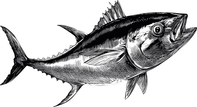 Detailed black and white illustration of a tuna fish swimming forward. Vector illustration