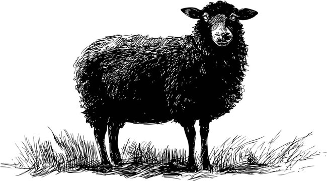 Black sheep standing in grass, detailed sketch illustration. Vector illustration