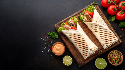 Shawarma with Sauce on a Wooden Cutting Board set on  a Black Background