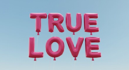 True Love Balloons - Pink balloons spelling out "True Love" against a light blue sky. Symbolizing romance, commitment, affection, happiness, and celebration