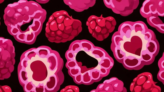 Vibrant raspberry illustration on a dark background creates a seamless pattern, some with heart shapes in the center, for various creative applications.