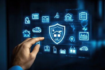 Fototapeta premium Hand interacts with smart home security interface