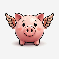 Cute Pink Piggy Bank with Golden Wings Flying