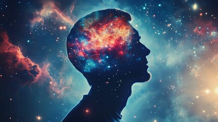 Silhouette of a person with a universe inside their head.