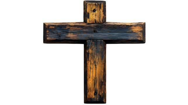 Rustic old wooden cross with aged wood texture, religious symbol, isolated on white background