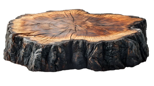 Rustic wooden tree stump with textured bark isolated on white background