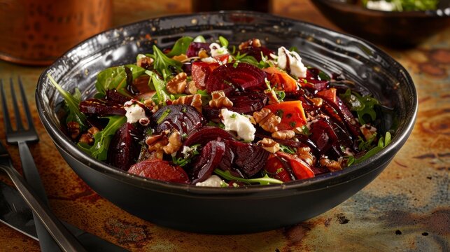 A fresh salad bowl with mixed greens, roasted beets, goat cheese, walnuts, and balsamic vinaigrette - Powered by Adobe