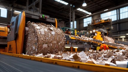 Recycling center, automated baler, cardboard roll, conveyor belt, sorting facility