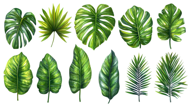 Tropical palm tree leaves collection, detailed foliage elements, isolated on white background