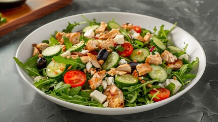 Overhead view of a light, refreshing salad with arugula, tomatoes, cucumbers, feta cheese, and olives