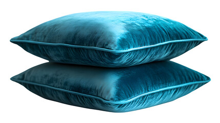 Two soft teal pillows stacked neatly, showcasing texture and comfort, isolated on white background