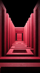 Naklejka premium A long symmetrical corridor in shades of red stretches into the darkness, its geometric design creating an intriguing perspective of depth and mystery.