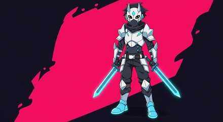 武装したキャラクターが武器を持って立っている、ピンクと黒の背景に使用