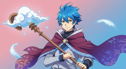 青い髪のキャラクターが杖を持つアニメ風イラスト、背景は柔らかい色合い