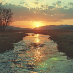 Naklejka premium Stream at Sunset Flows Through Field with Distant Mountains Landscape