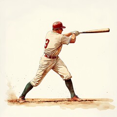 Vintage Baseball Player in Action A Watercolor Illustration of a Classic Swing.