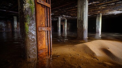 Fototapeta premium Rusty support beam in flooded, abandoned underground bunker