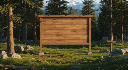 Wooden Signboard in Forest Setting - Blank wooden signpost in a serene forest landscape, perfect for your message. Mountains in background