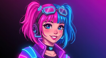 ピンクと青の髪のイラストの若い女性、未来的なデザイン
