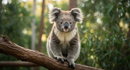 Adorable Koala on Branch in Lush Forest - A charming koala sits on a tree branch, symbolizing Australian wildlife, tranquility, nature's beauty, conservation, and peaceful coexistence