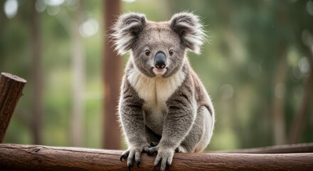 Naklejka premium Adorable Koala on Branch in Lush Forest - Charming koala sitting on a tree branch, symbolizing nature, wildlife, peace, tranquility, and Australian fauna
