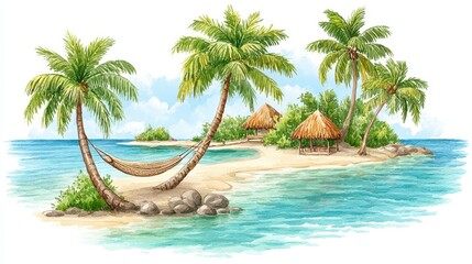 Fototapeta premium Serene Tropical Island Scene with Palm Trees and Hammock