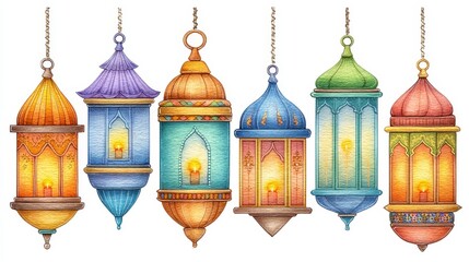 Obraz premium Six Colorful Watercolor Hanging Lanterns with Warm Light on White