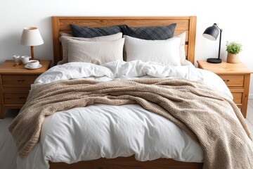Cozy Minimalist Bedroom With White Bedding And Wood Furniture