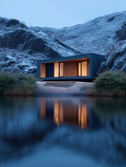 Modern cabin on the shore of a lake. the cabin is made of dark wood and has a sloping roof. it has two large windows on the front, allowing natural light to enter the cabin.