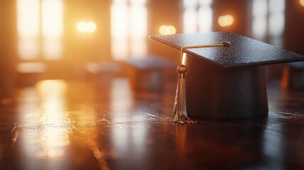 Graduation caps gleam in the golden, old room