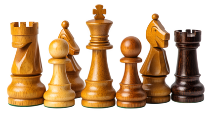 Wooden chess pieces grouped together, board game concept, isolated on white background