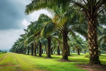 Obraz premium Lush Palm Tree Rows in Verdant Landscape Under Cloudy Skies