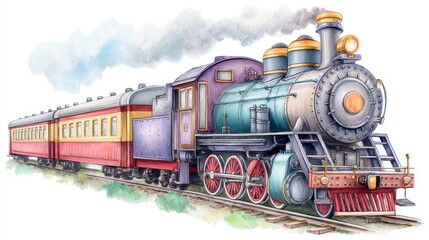 Vintage Watercolor Steam Train on Railroad Tracks