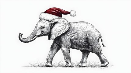 Christmas Elephant Wearing Santa Hat in Black and White Illustration